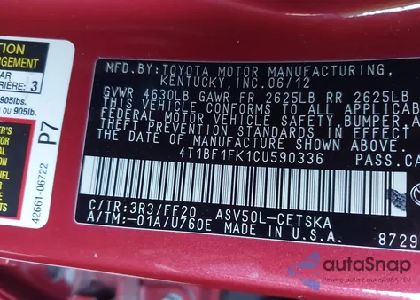 2012 Toyota Camry Se z USA, uszkodzony, nr VIN 4T1BF1FK1CU590336